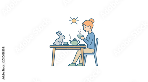 Woman Sitting at Desk with Rabbit.