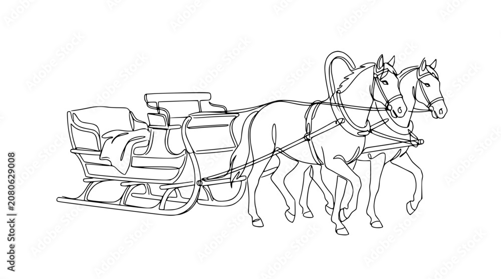 Naklejka premium Two Horses Pulling a Sleigh - Line Drawing