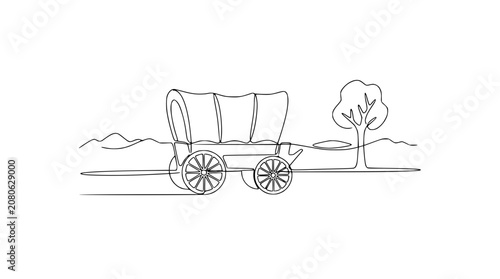 Εκτύπωση καμβά Continuous Line Drawing of a Covered Wagon and Tree in a Landscape