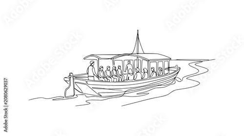 Foto Passenger Boat Voyage: Simple Line Art Illustration of People Traveling on Water