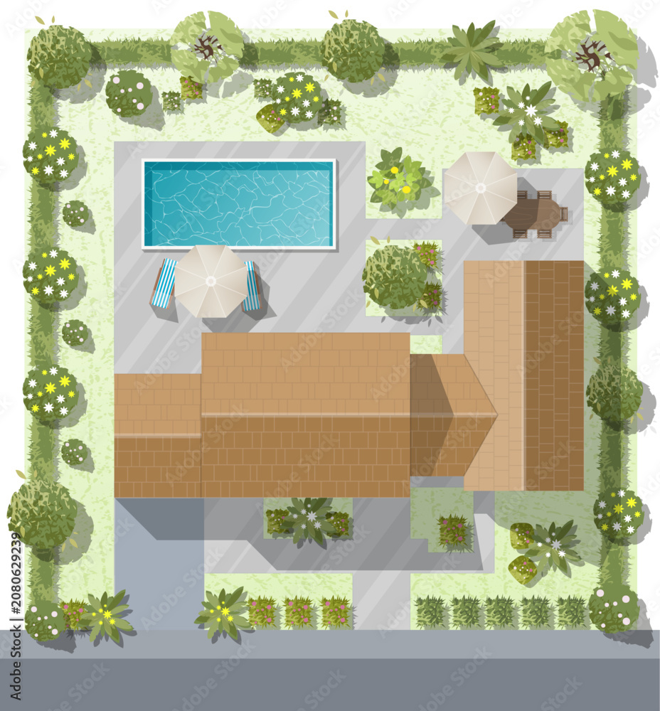 Naklejka premium Top view landscape design plan with house, courtyard, lawn, garage. Highly detailed plan of country with modern cottage of villa with pond, pool. Vector illustration of Cityscape, Map of town, village