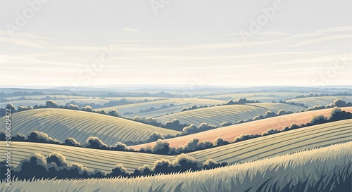 Rolling hills landscape with green fields.