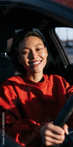 Smiling woman portrait in car with sunlight wearing red sweater for lifestyle banner and casual background design