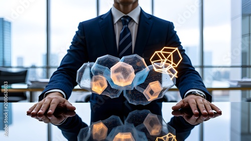 Business Executive Managing AI Data Visualization and Digital Transformation with Abstract Geometric Analytics
