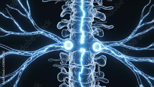 Neural communication spreading across the spinal network, glowing information signals traveling through transparent biological pathways connecting nerves and spinal tissue