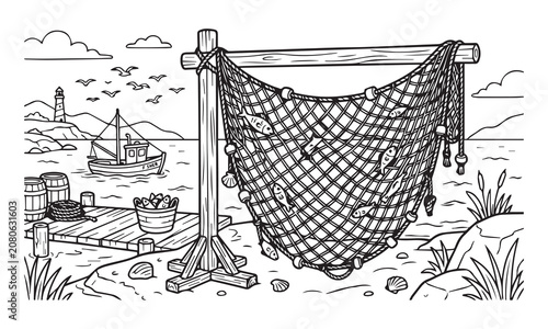 Coloring Page Cartoon of Fishermen Pulling Large Net Full of Fish.