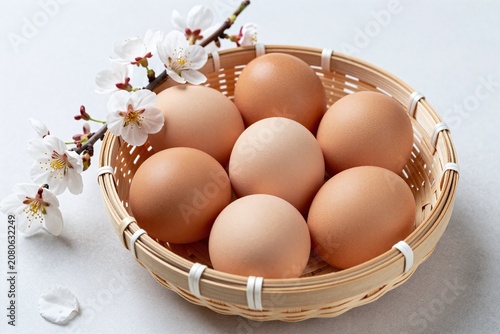 A basket filled with brown eggs sitting on top of a table