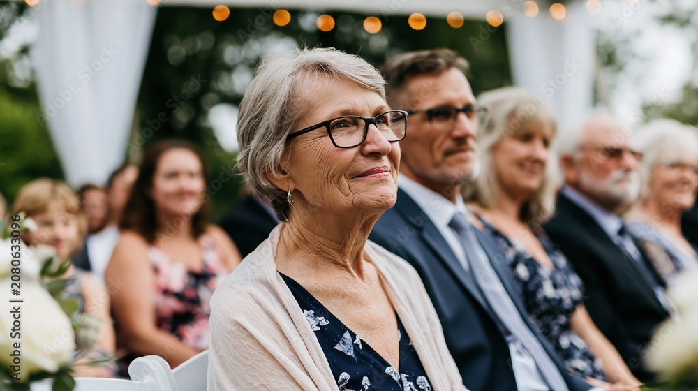 Fototapeta premium Smiling senior woman at outdoor community event in crowd