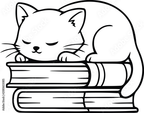 Cute cat sleeping peacefully on stack of books line art vector illustration with sleeping
