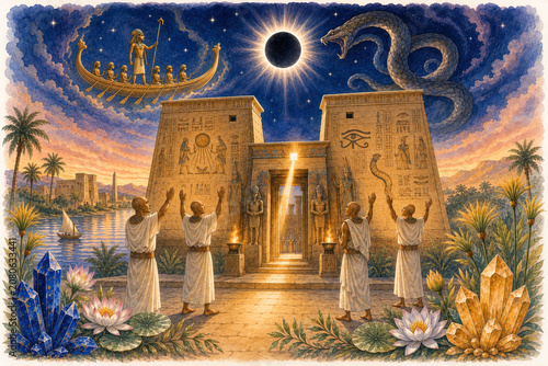 Ancient Egyptians witnessing a total solar eclipse, the serpent Apep eclipsing the god Ra.
