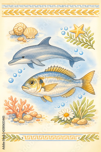Drawings of sea fish inspired by the Minoan art of Crete.