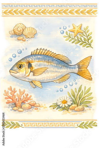 Drawings of sea fish inspired by the Minoan art of Crete.
