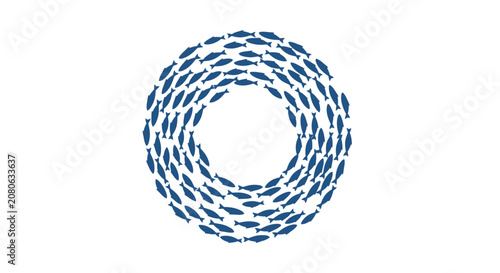 School of blue fish swimming in a circle formation on white background
