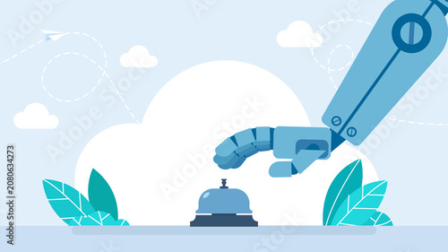 Futuristic robotic hand ringing service bell on hotel reception desk. Artificial intelligence automation in hospitality, digital smart concierge or virtual assistant concept. Vector illustration