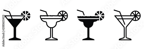 Foto Set of margarita and martini glass icons with straw and citrus garnish