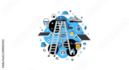 Home Renovation and Construction Icons Concept with Stepladder and Safety Equipment Vector Illustration