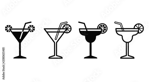 Εκτύπωση καμβά Set of cocktail glass icons with straw and lemon slice garnish
