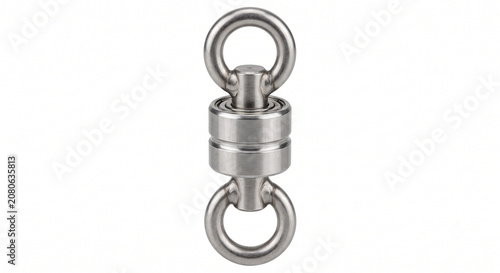 Macro photo of a heavy-duty fishing ball bearing swivel made of stainless steel with welded solid rings. Isolated on white background.