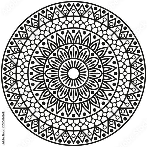 Intricate floral mandala line art with a symmetrical circular pattern. Ideal for print, coloring books, crafts, yoga, and meditation.