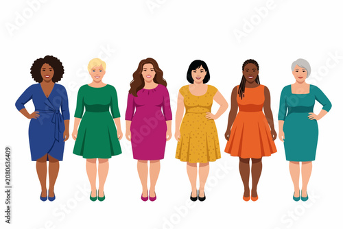 Diverse Curvy Women in Colorful Dresses Illustration
