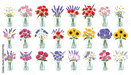 Colorful Fresh Flower Bouquets in Glass Vase Flat Vector Collection with Spring and Summer Floral Arrangements Isolated on White Background