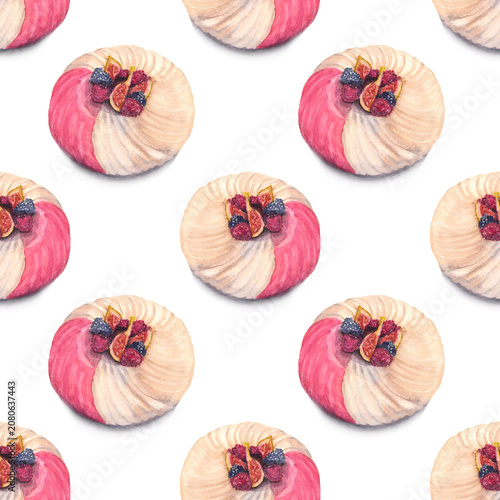 Watercolor Dessert Seamless Pattern with Cream Cake 