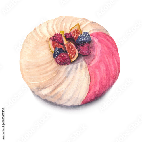 Watercolor Cream Cake with Berries Sweet Dessert Illustration for Bakery and Wedding Design