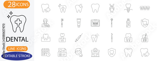 Dental care and dentistry line icons. Vector dental implant, tooth braces, and dentist doctor symbols with editable stroke.