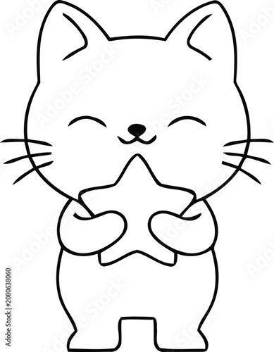 Cute cat holding a star vector illustration outline with character whiskers illustration