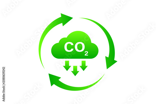Green eco-friendly icon featuring CO2 with arrows and  circular recycling, symbolizing carbon reduction, carbon capture, and sustainability.