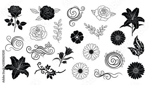 Hand Drawn Floral Elements and Decorative Swirl Line Art Vector Collection with Rose Lily Daisy and Botanical Ornament Set Isolated on White Background