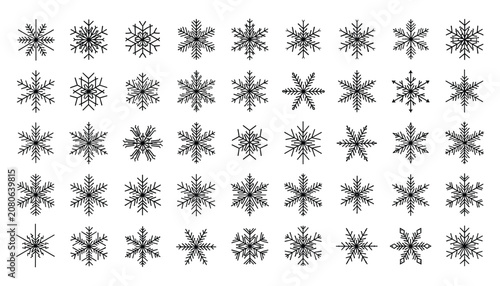 Hand Drawn Snowflake Line Art Vector Collection with Decorative Winter Ice Crystal Icons Isolated on White Background