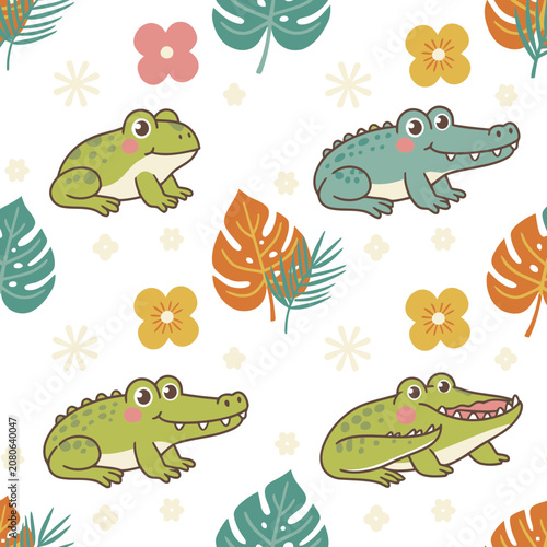 Cute Crocodile and Frog Tropical Seamless Pattern