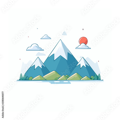 Flat design mountain landscape with sun and clouds