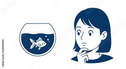 Canvastavla Woman contemplating goldfish in fishbowl with pensive expression