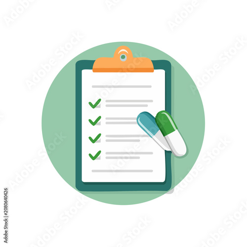 Clipboard with checklist and pills, flat vector illustration