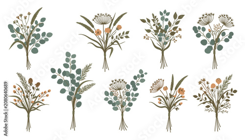 Minimal Dried Wildflower Bouquet Flat Vector Collection with Eucalyptus Pampas Grass and Botanical Floral Arrangements Isolated on White Background