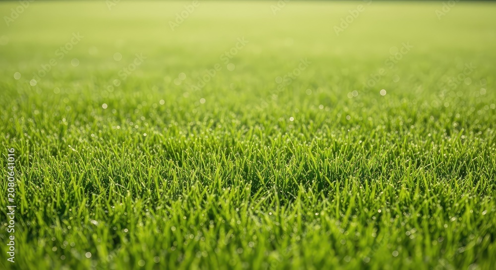 Fototapeta premium A lush and vibrant green lawn captured in a low-angle closeup, showcasing healthy blades of grass in a sun-drenched private garden space, botanical, background, nature