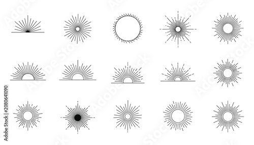 Minimal Sunburst Line Art Vector Collection with Celestial Sunrise Symbols and Boho Abstract Sun Icons Isolated on White Background