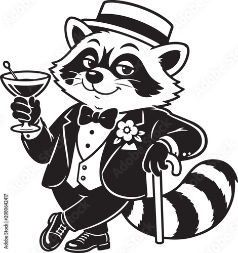 funny cartoon raccoon with cocktail