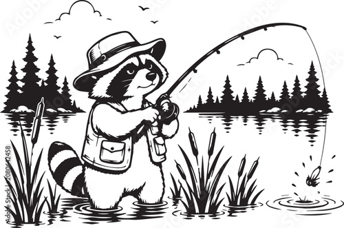 Fishing raccoon on the lake
