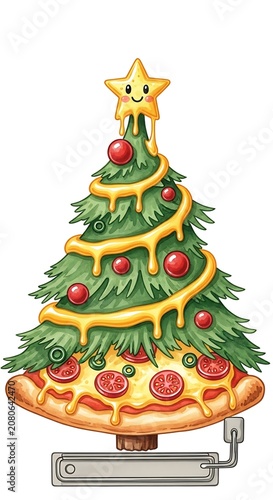 A festive Christmas tree made of pizza on a stand