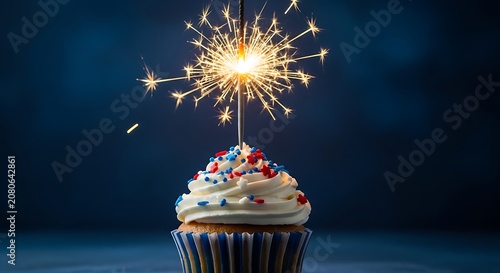 A festive cupcake with white frosting and colorful sprinkles celebrates with a sparkler