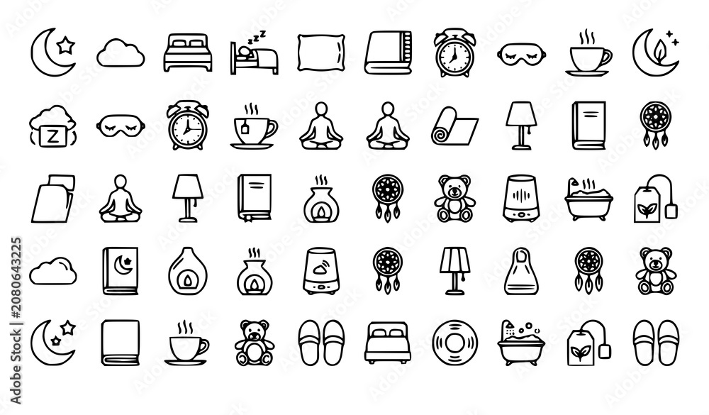 Fototapeta premium Professional Sleep Wellness Vector Collection with Bed Pillow Moon and Relaxation Outline Icons