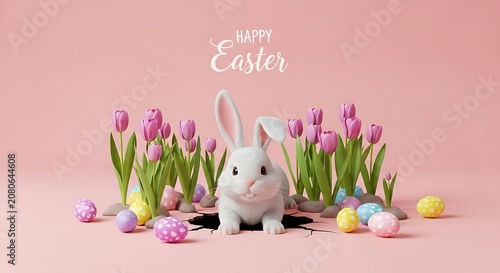 A festive Easter scene with a white bunny surrounded by tulips and colorful eggs on a pink background