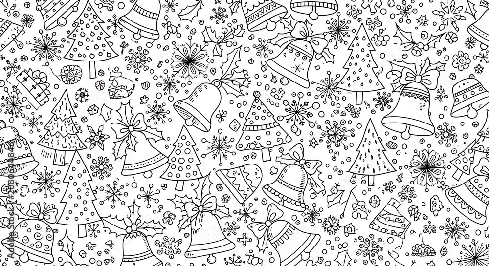 Fototapeta premium A festive holiday pattern featuring various Christmas trees, bells, snowflakes, and decorations on a white background