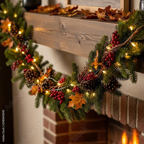 A festive garland adorns a rustic wooden mantel above a warm fireplace