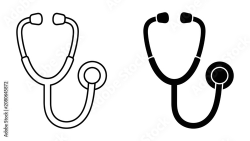 Foto Stethoscope Icon: A clear and simple graphic representation of a stethoscope in both outline and solid black, symbolizing healthcare and medical diagnosis