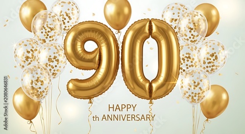 A festive gold 90th anniversary banner with balloons and confetti on a light blue background