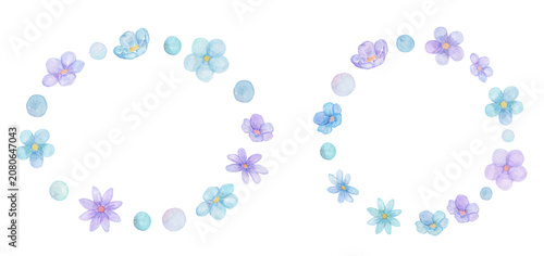 水彩で描いた青いお花の丸フレーム素材
